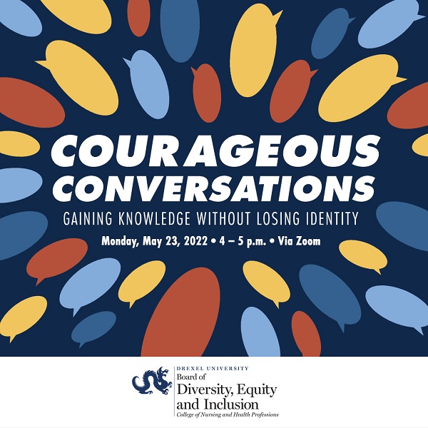 Graphic with dark background and multicolored thought bubbles surrounding the words "Courageous Conversations"